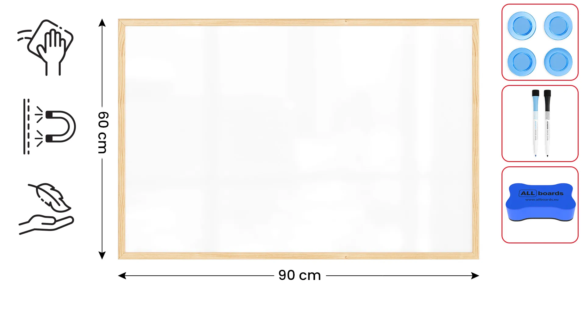 Tableau Blanc Magnétique Effaçable à Sec avec Cadre en Bois 90x60cm – Image 2