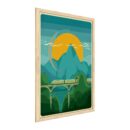 Tableau train sur fond de montagne 60x40cm avec cadre en bois naturel