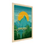 Tableau train sur fond de montagne 60x40cm avec cadre en bois naturel