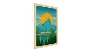 Tableau train sur fond de montagne 60x40cm avec cadre en bois naturel
