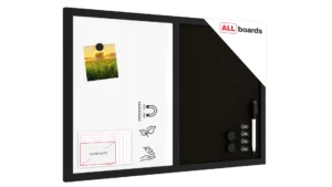 Tableau Combi 2 en 1, Blanc Magnétique Effaçable à Sec et en Liège Noir avec Cadre en Bois Noir 60x40cm