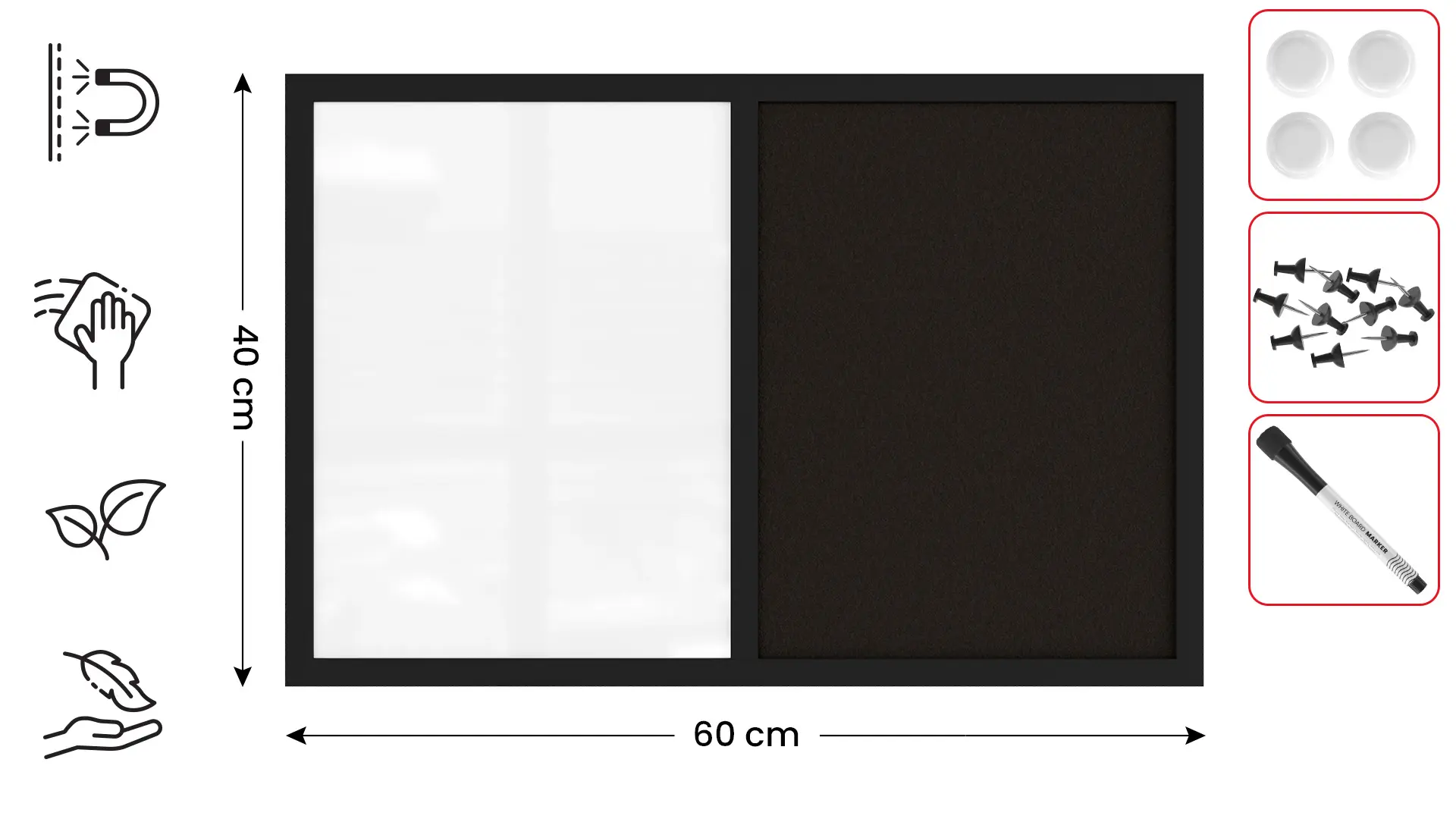 Tableau Combi 2 en 1, Blanc Magnétique Effaçable à Sec et en Liège Noir avec Cadre en Bois Noir 60x40cm – Image 2