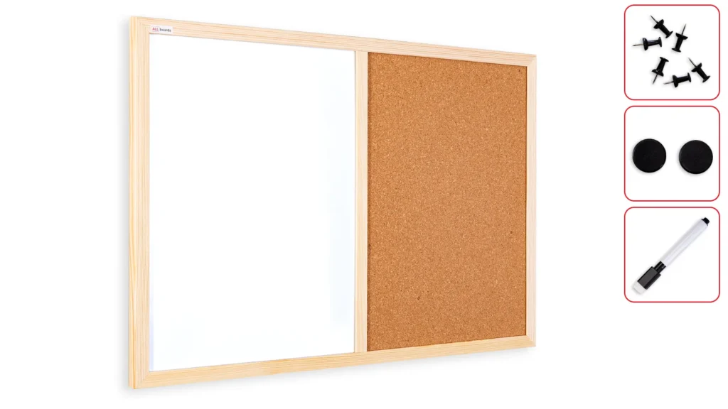 Tableau COMBI en liège et blanc magnétique - 60x40 cm - cadre en bois + ACCESSOIRES GRATUITS