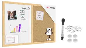 Tableau COMBI en liège et blanc magnétique - 60x40 cm - cadre en bois + ACCESSOIRES GRATUITS