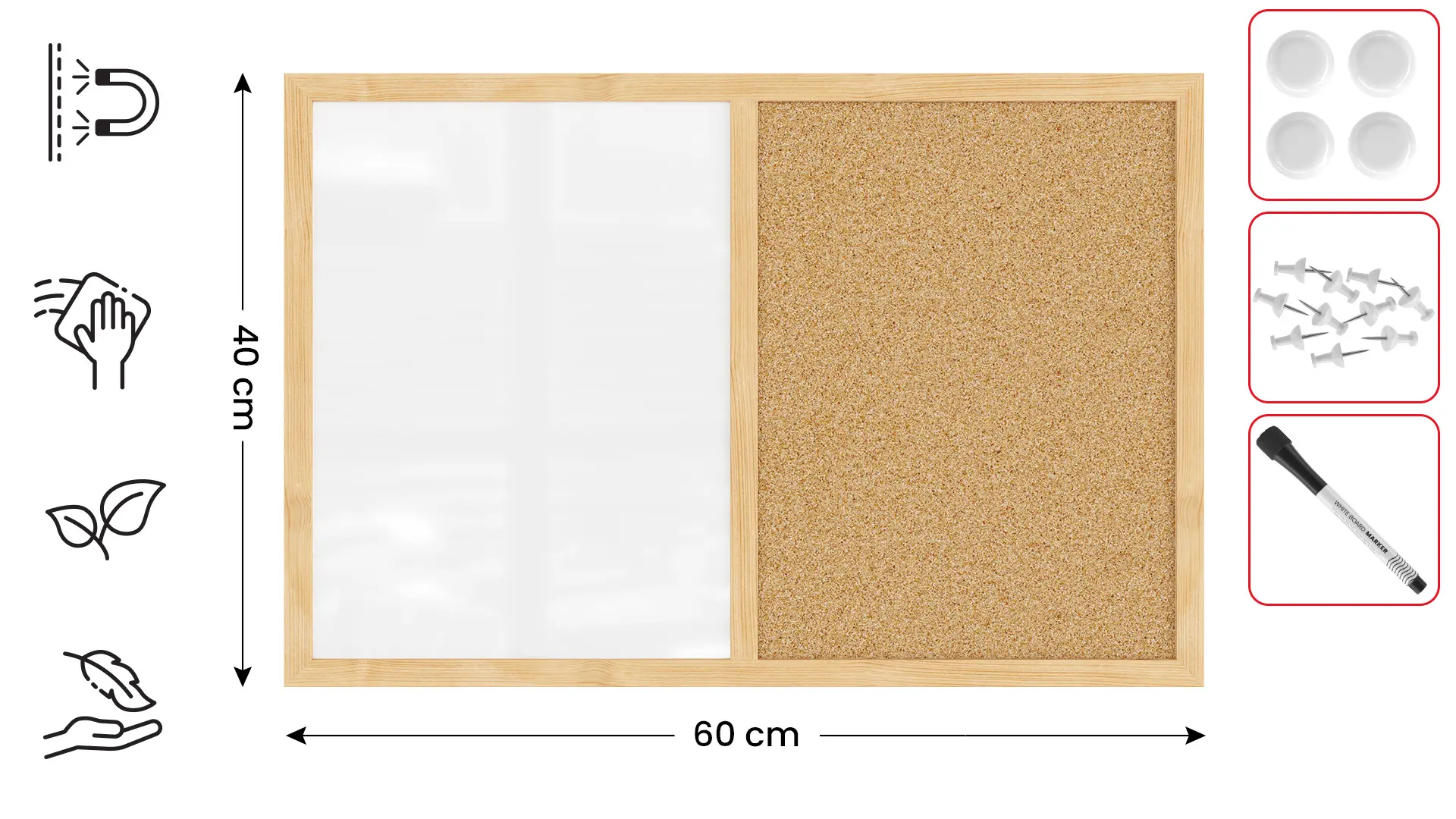 Tableau COMBI en liège et blanc magnétique - 60x40 cm - cadre en bois + ACCESSOIRES GRATUITS – Image 2