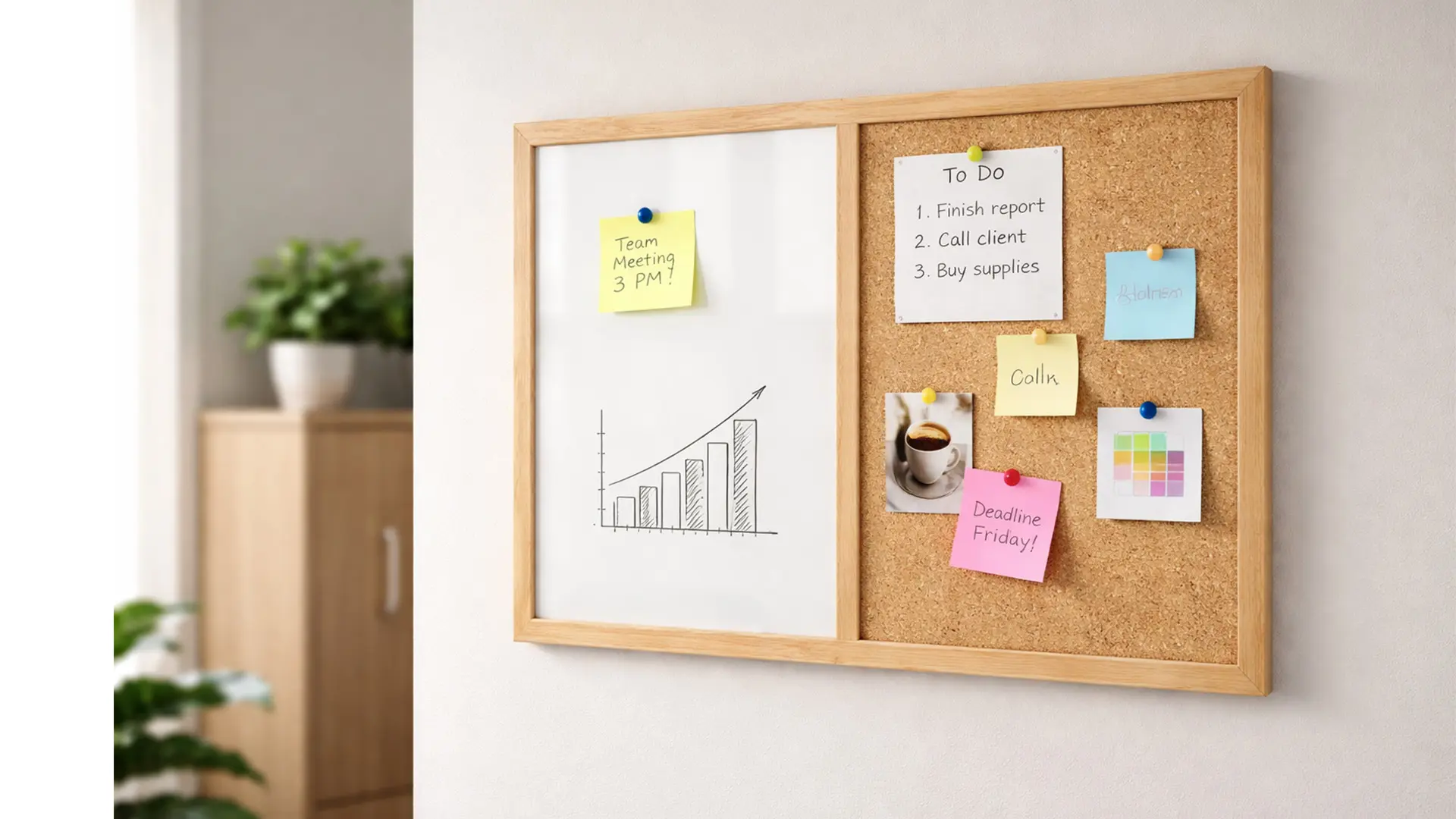 Tableau COMBI en liège et blanc magnétique - 60x40 cm - cadre en bois + ACCESSOIRES GRATUITS – Image 4