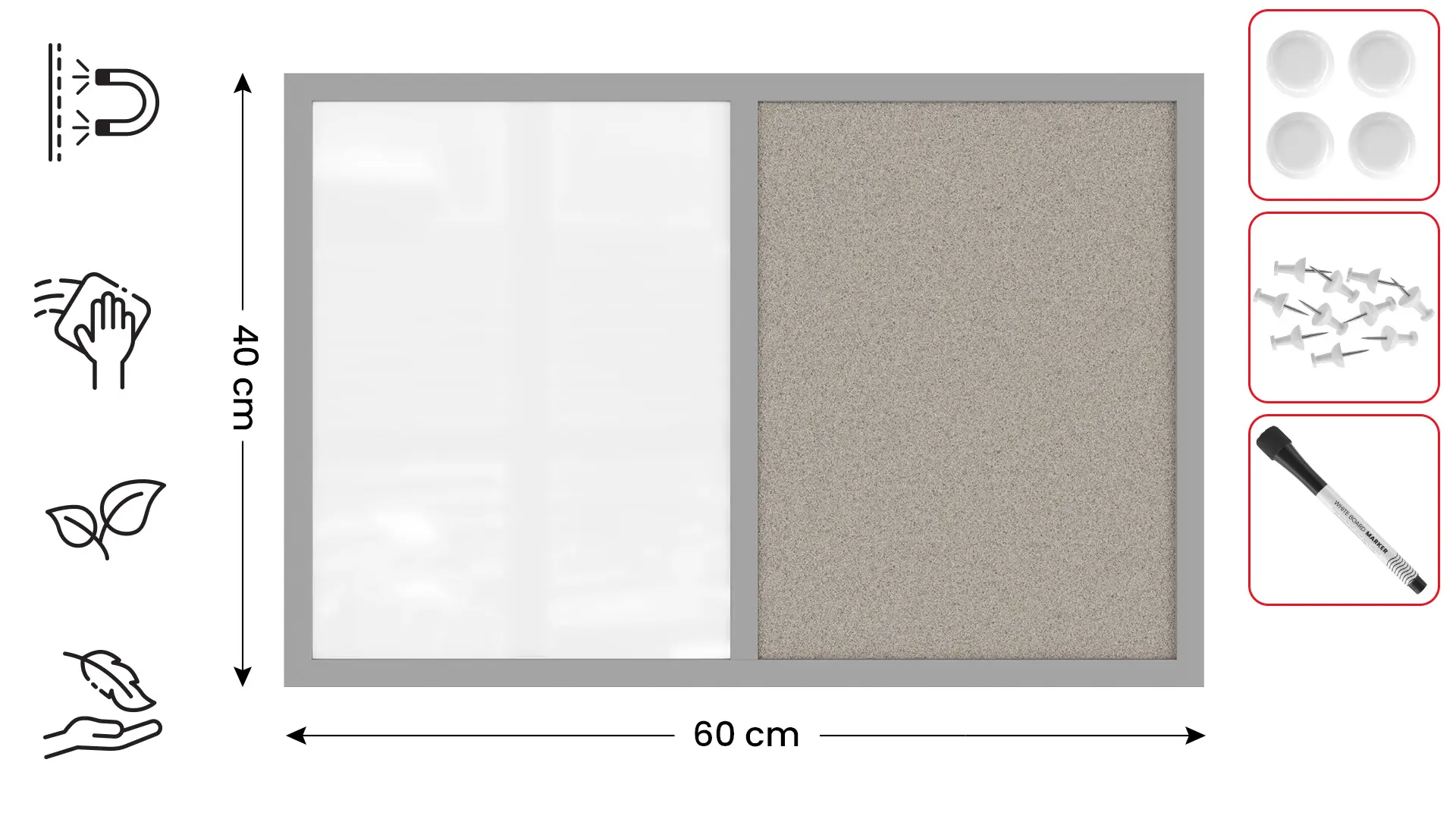 Tableau Combi 2 en 1, Blanc Magnétique Effaçable à Sec et en Liège Gris avec Cadre en Bois Gris 60x40cm – Image 2