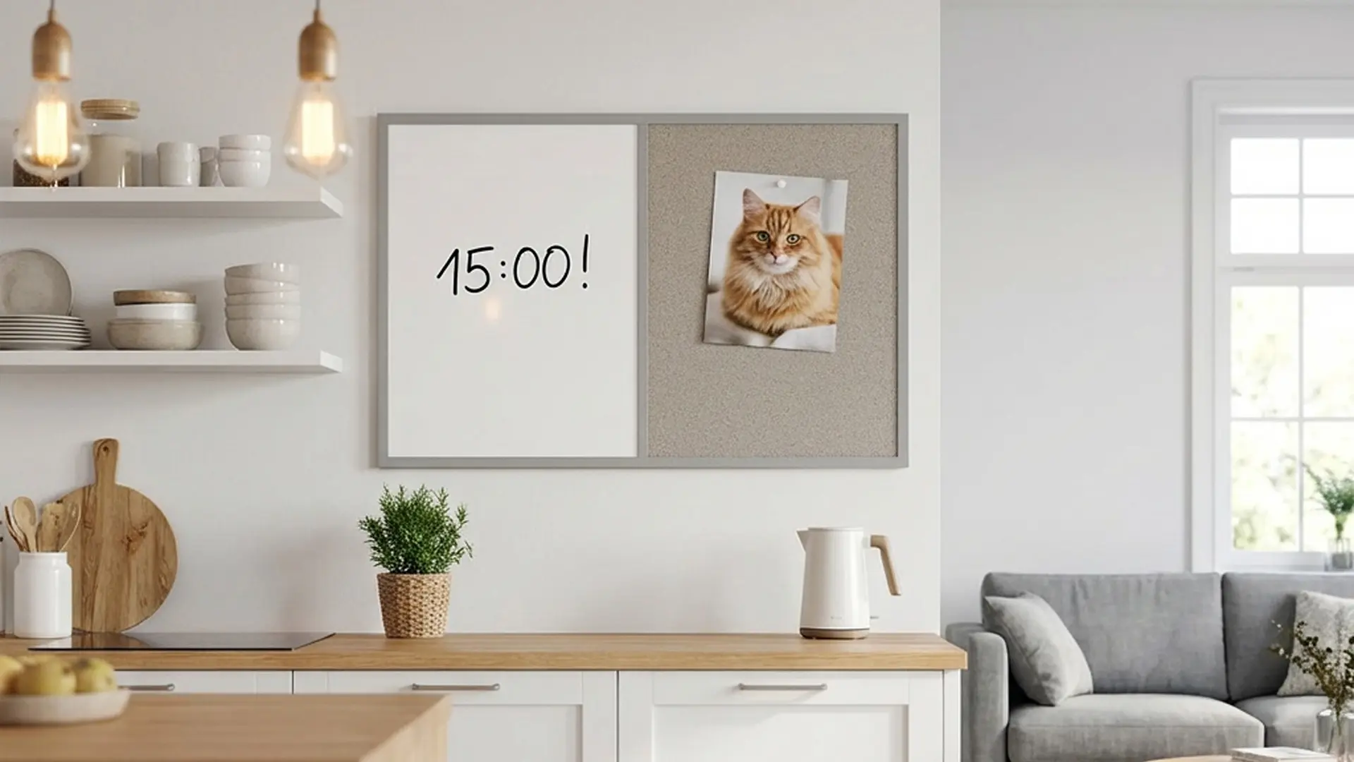 Tableau Combi 2 en 1, Blanc Magnétique Effaçable à Sec et en Liège Gris avec Cadre en Bois Gris 60x40cm – Image 4