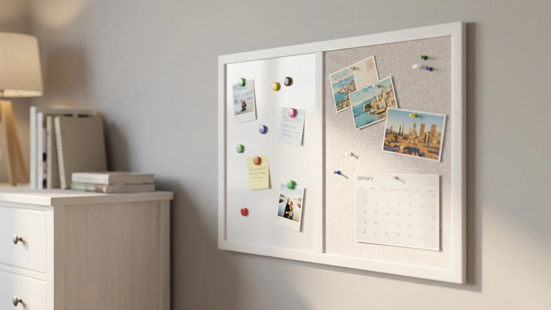 Tableau Combi 2 en 1, Blanc Magnétique Effaçable à Sec et en Liège Blanc avec Cadre en Bois Blanc 60x40cm – Image 10