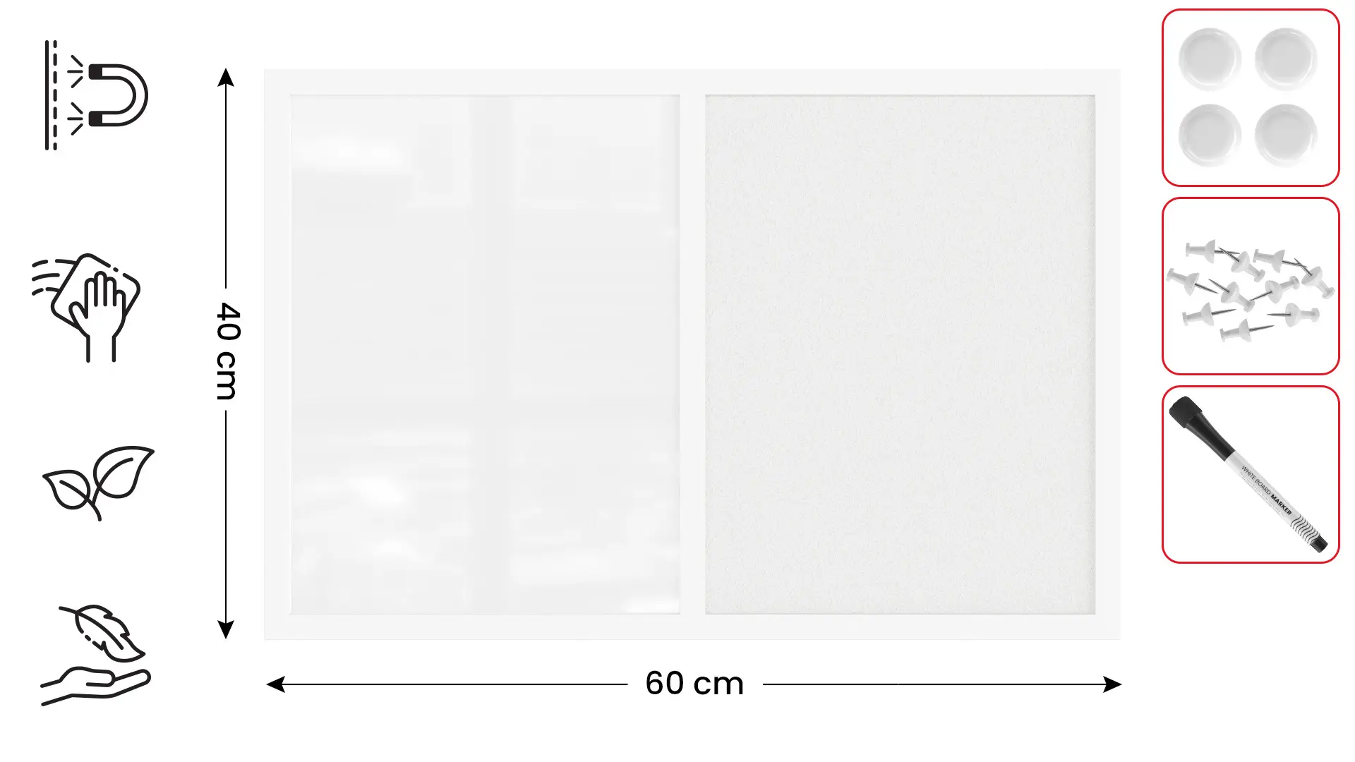 Tableau Combi 2 en 1, Blanc Magnétique Effaçable à Sec et en Liège Blanc avec Cadre en Bois Blanc 60x40cm – Image 2