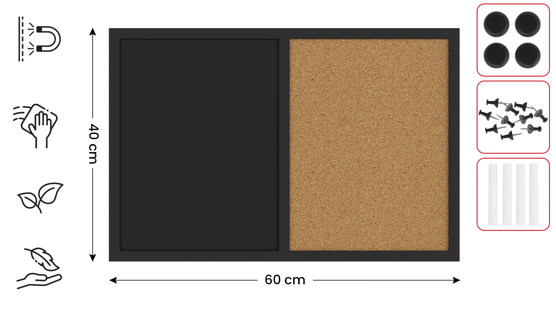 Tableau COMBI liège noir / à craie noir magnétique 60x40cm cadre en bois laqué noir – Image 2