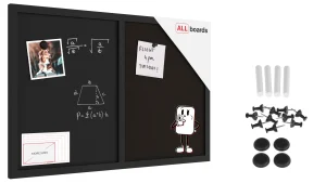 Tableau COMBI en liège noir / magnétique noir 60 x 40 cm, cadre en bois laqué noir + ACCESSOIRES