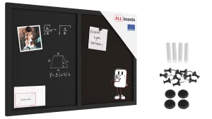 Tableau COMBI en liège noir / magnétique noir 60 x 40 cm, cadre en bois laqué noir + ACCESSOIRES