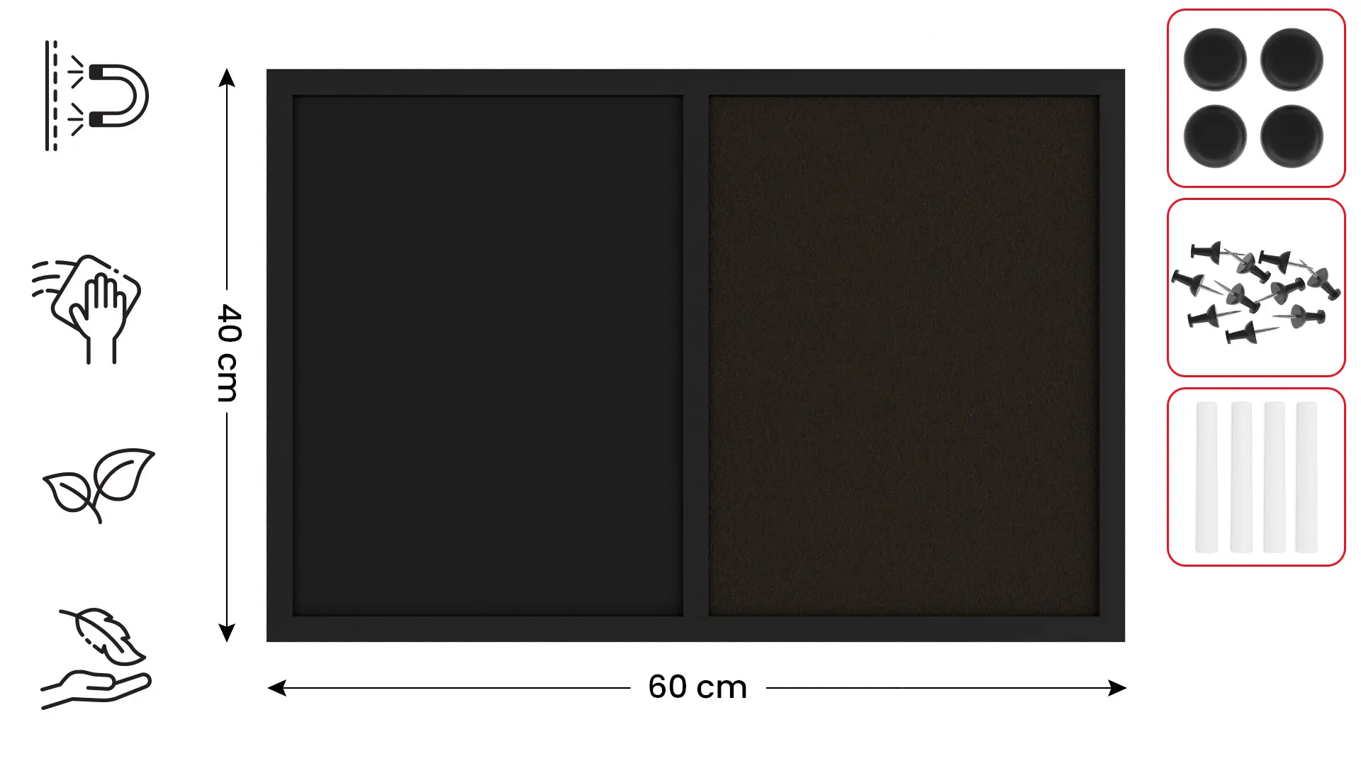 Tableau COMBI en liège noir / magnétique noir 60 x 40 cm, cadre en bois laqué noir + ACCESSOIRES – Image 2