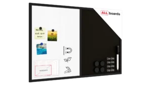 Tableau COMBI en liège noir / blanc magnétique 90x60 cadre en bois laqué noir
