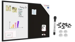 Tableau COMBI en liège noir / blanc magnétique 90x60 cadre en bois laqué noir