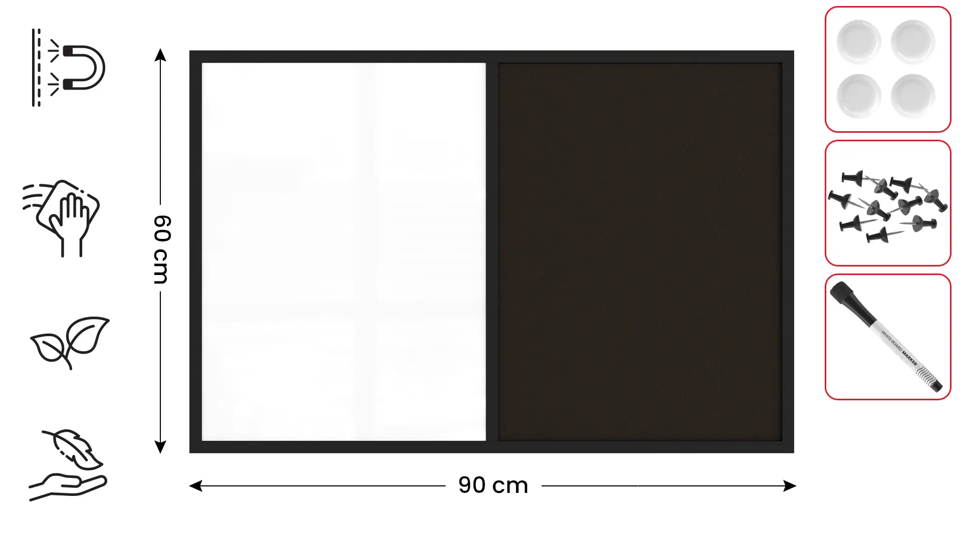 Tableau COMBI en liège noir / blanc magnétique 90x60 cadre en bois laqué noir – Image 2