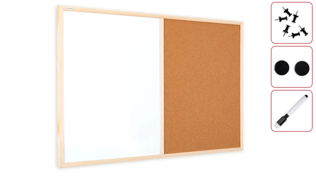Tableau COMBI en liège et blanc magnétique - 90x60 cm - cadre en bois + ACCESSOIRES GRATUITS
