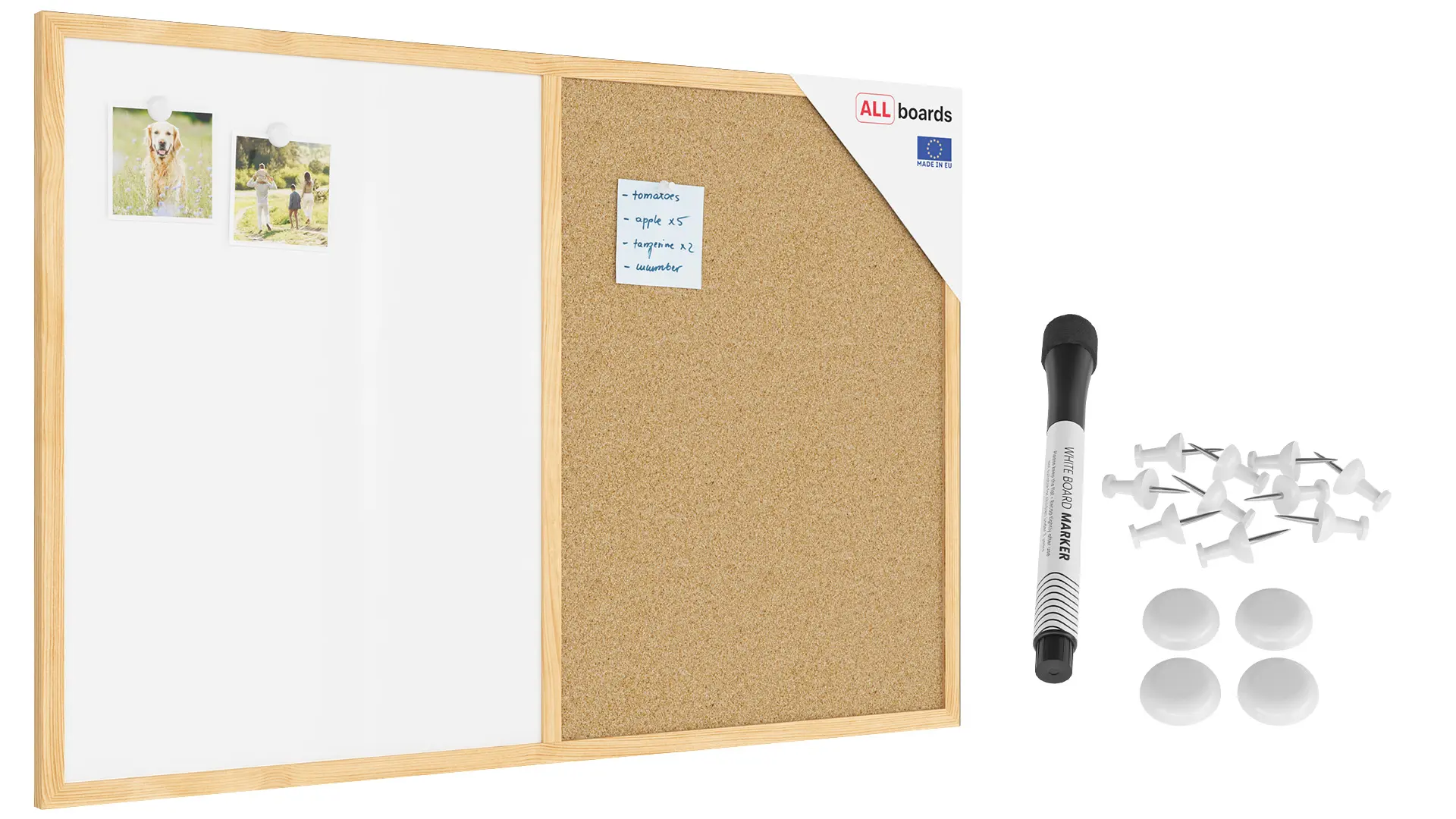 Tableau COMBI en liège et blanc magnétique - 90x60 cm - cadre en bois + ACCESSOIRES GRATUITS
