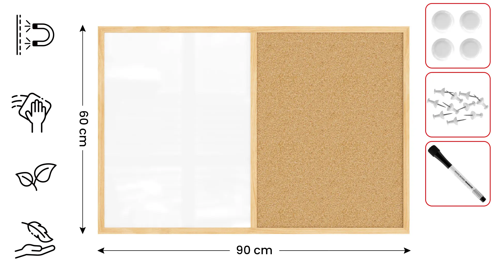Tableau COMBI en liège et blanc magnétique - 90x60 cm - cadre en bois + ACCESSOIRES GRATUITS – Image 2