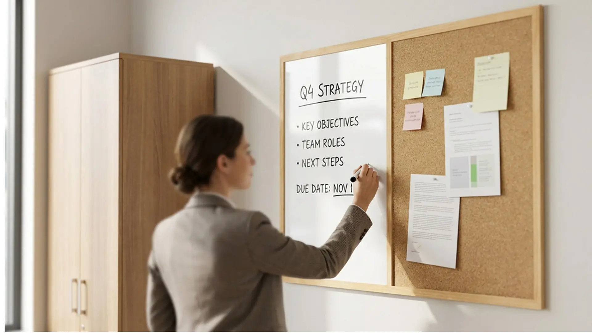 Tableau COMBI en liège et blanc magnétique - 90x60 cm - cadre en bois + ACCESSOIRES GRATUITS – Image 4