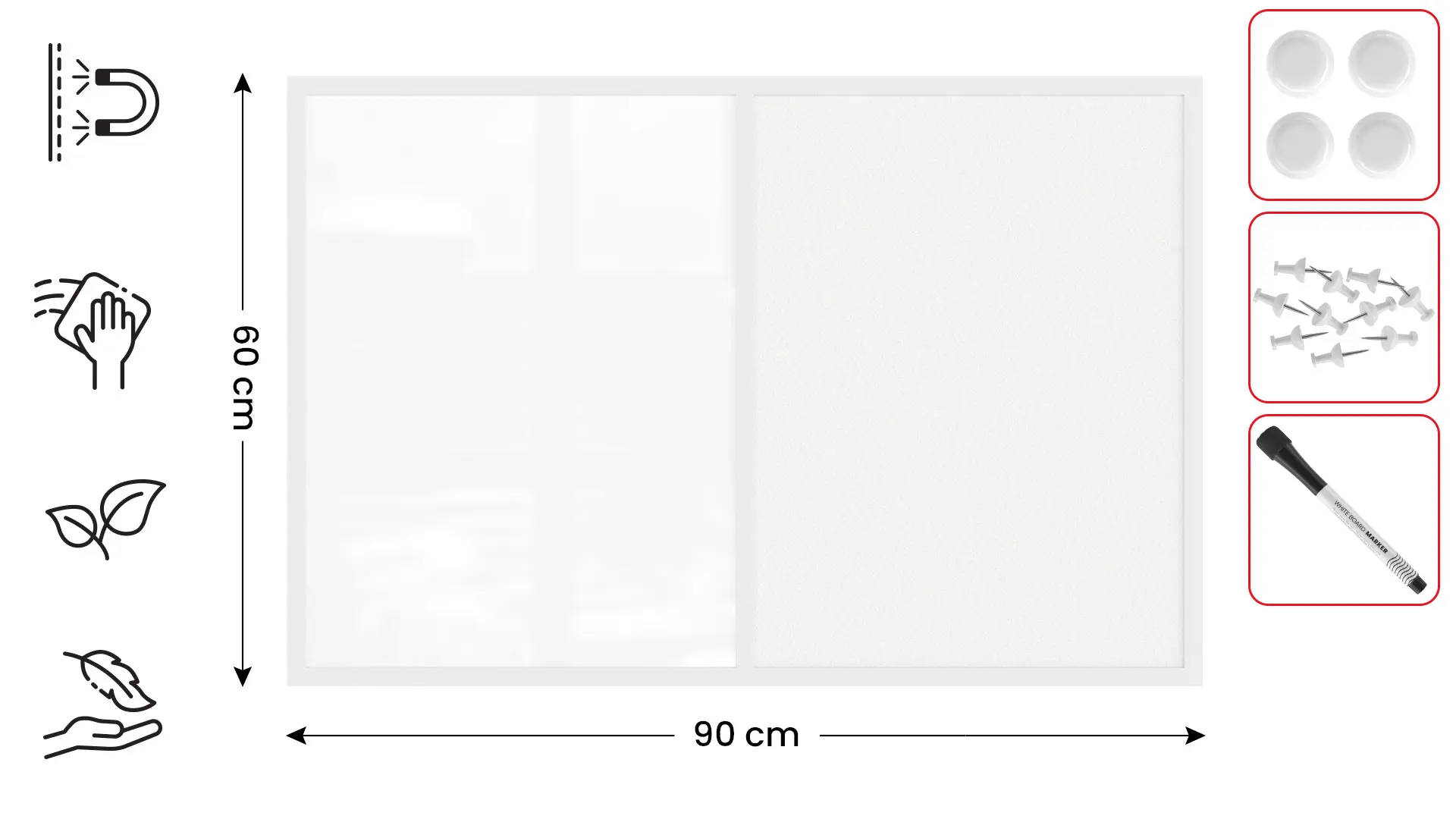 Tableau Combi 2 en 1, Blanc Magnétique Effaçable à Sec et en Liège Blanc avec Cadre en Bois Blanc 90x60cm – Image 2