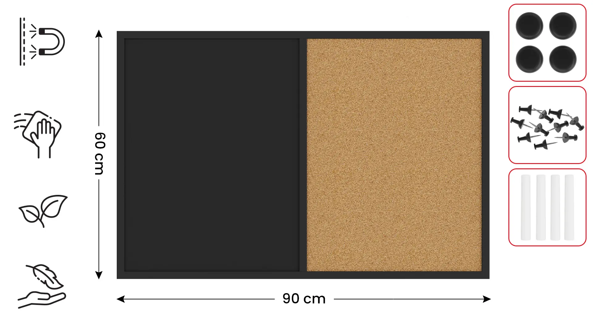 Tableau COMBI liège noir / à craie noir magnétique 90x60cm cadre en bois laqué noir – Image 2