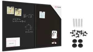 Tableau COMBI en liège noir et à craie noir magnétique 90x60cm cadre en bois laqué noir