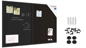 Tableau COMBI en liège noir et à craie noir magnétique 90x60cm cadre en bois laqué noir