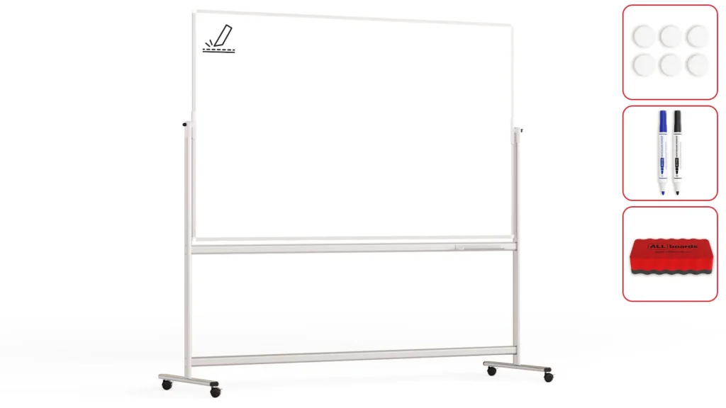 Tableau Blanc Emaillé Mobile Double Face Magnétique Effaçable à Sec avec Cadre en Aluminium 200x120 cm