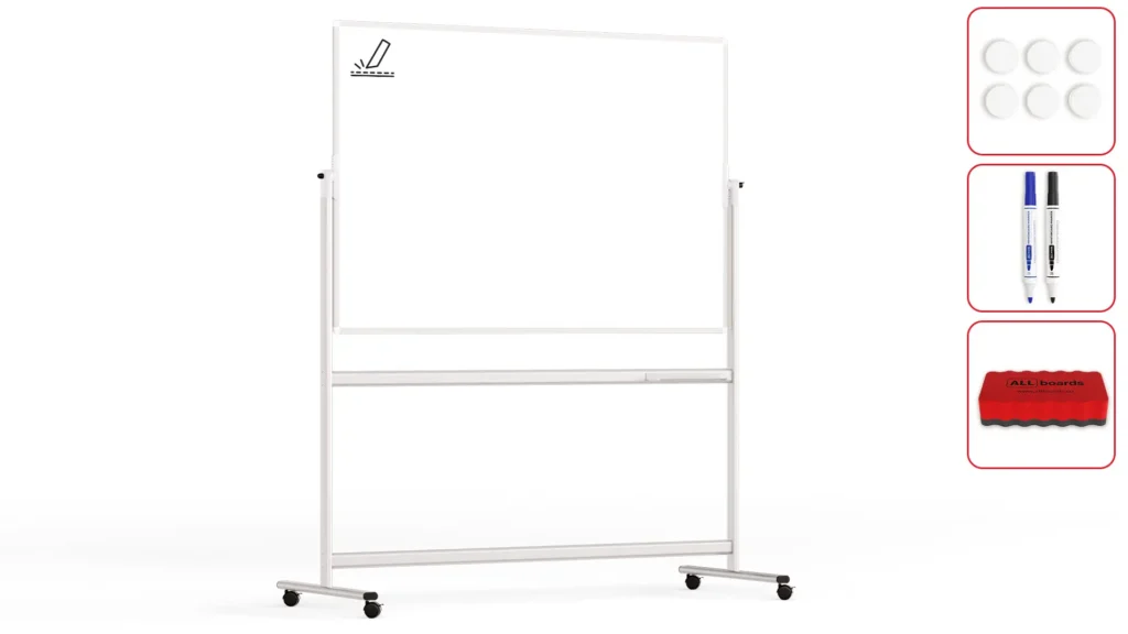 Tableau Blanc Emaillé Mobile Double Face Magnétique Effaçable à Sec avec Cadre en Aluminium 150x100cm