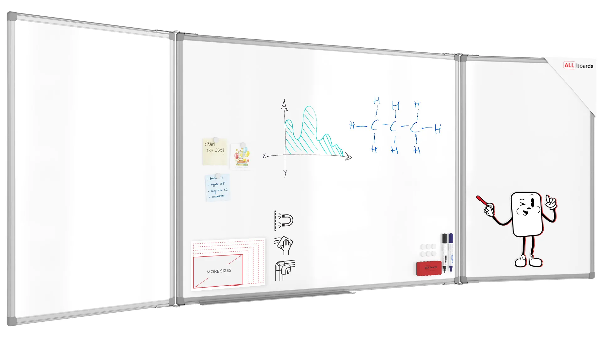 Tableau Blanc Scolaire Type Triptyque avec Cadre en Aluminium 120x90cm//240cm