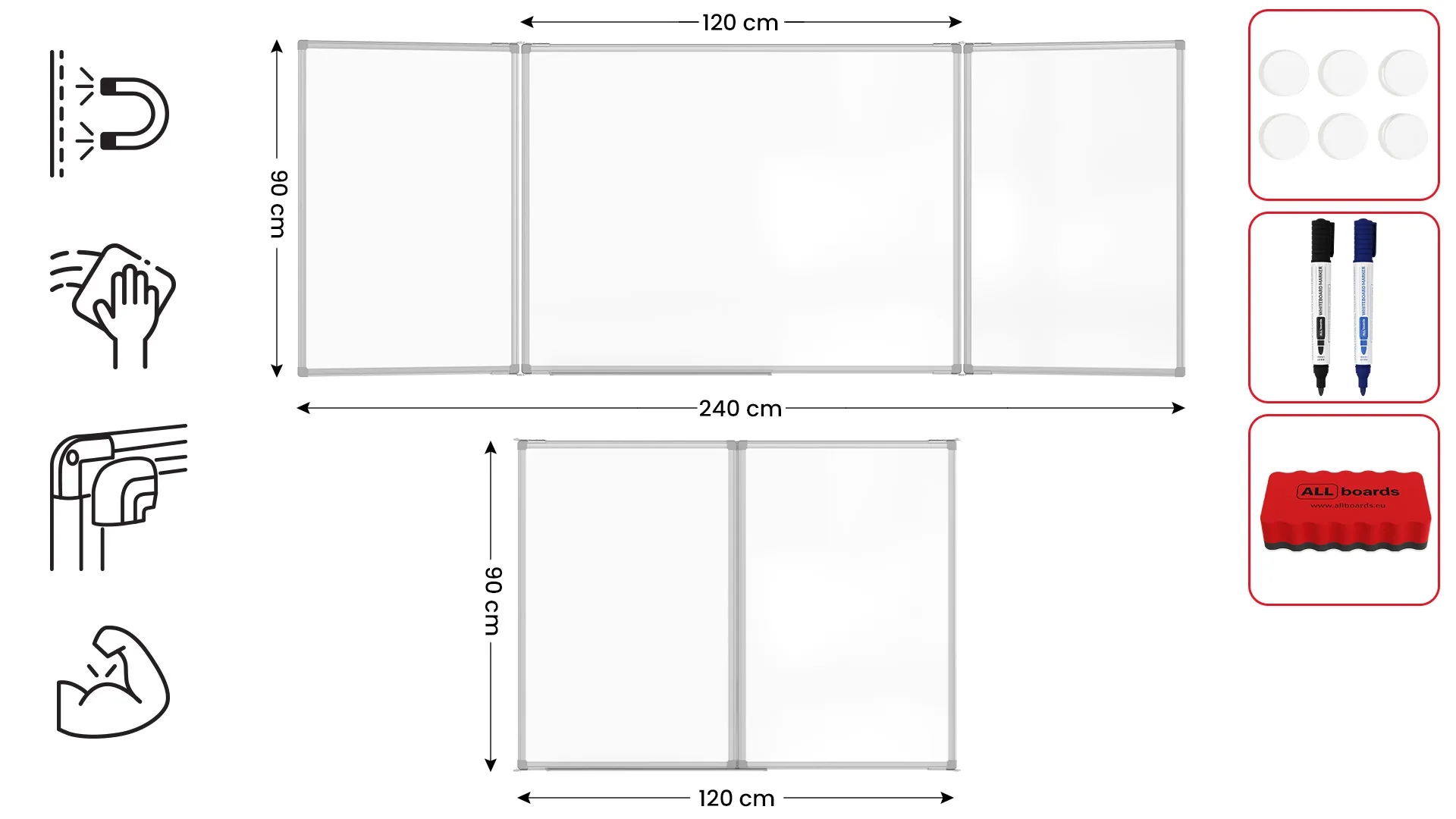 Tableau Blanc Scolaire Type Triptyque avec Cadre en Aluminium 120x90cm//240cm – Image 2