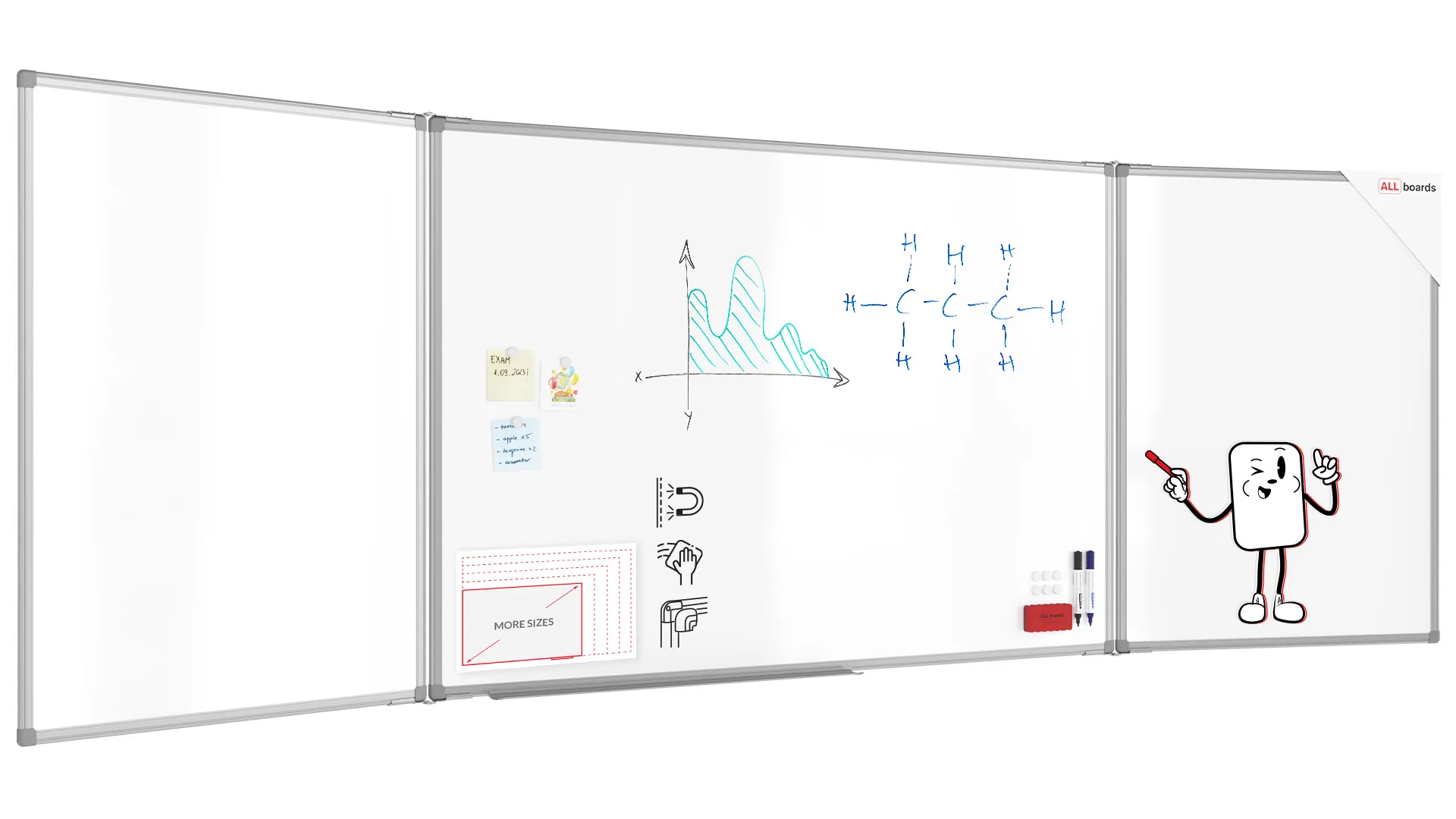 Tableau Blanc Scolaire Type Triptyque avec Cadre en Aluminium 150x100cm//300cm