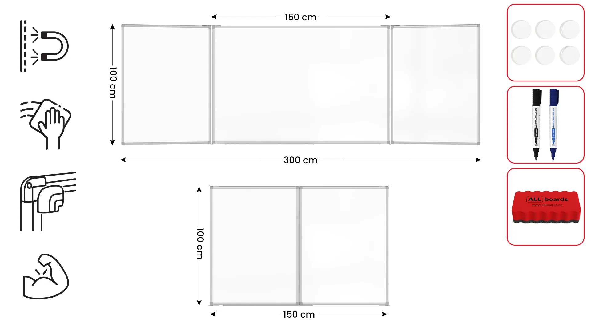 Tableau Blanc Scolaire Type Triptyque avec Cadre en Aluminium 150x100cm//300cm – Image 2