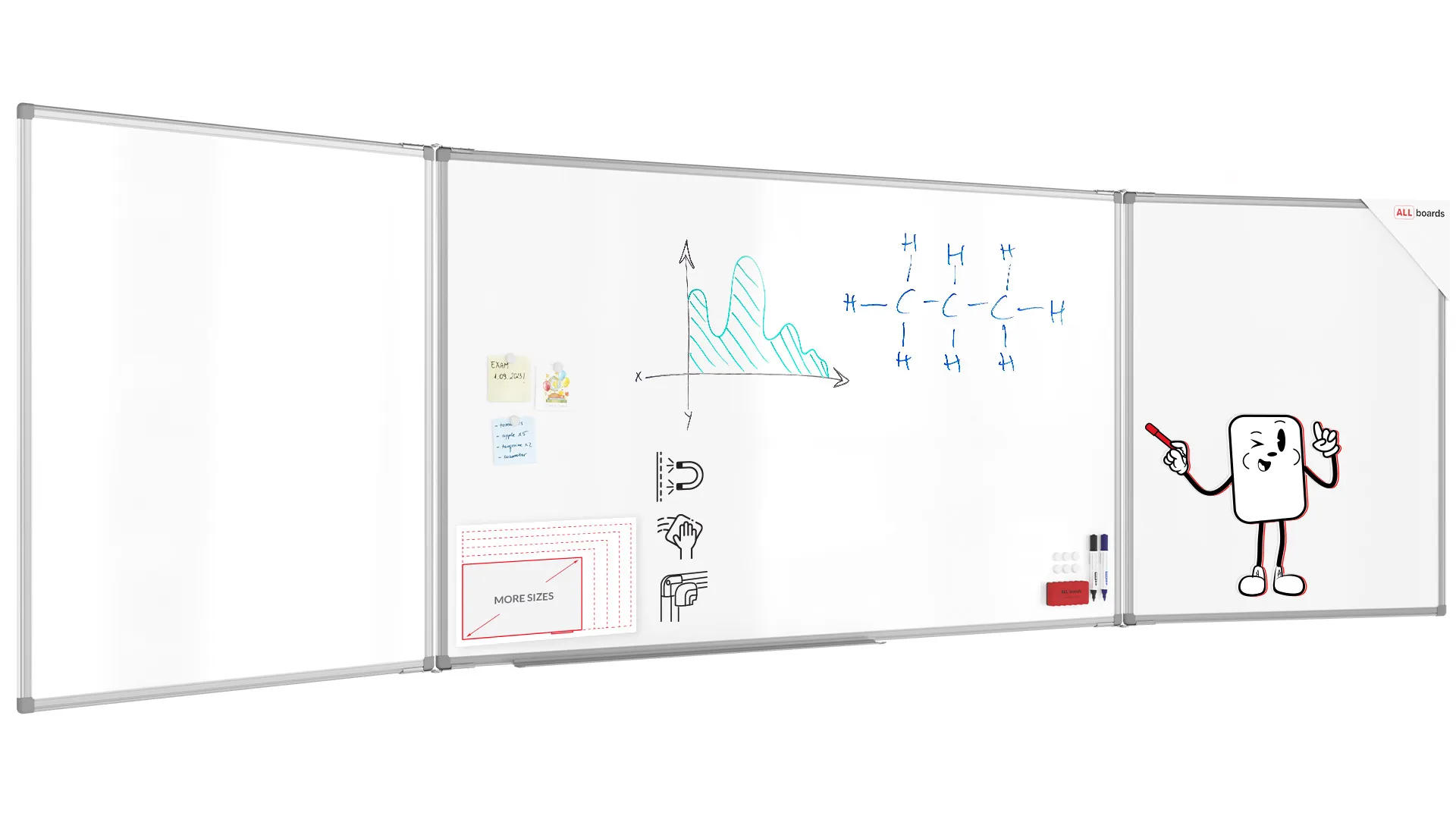 Tableau Blanc Scolaire Type Triptyque avec Cadre en Aluminium 170x100cm//340cm