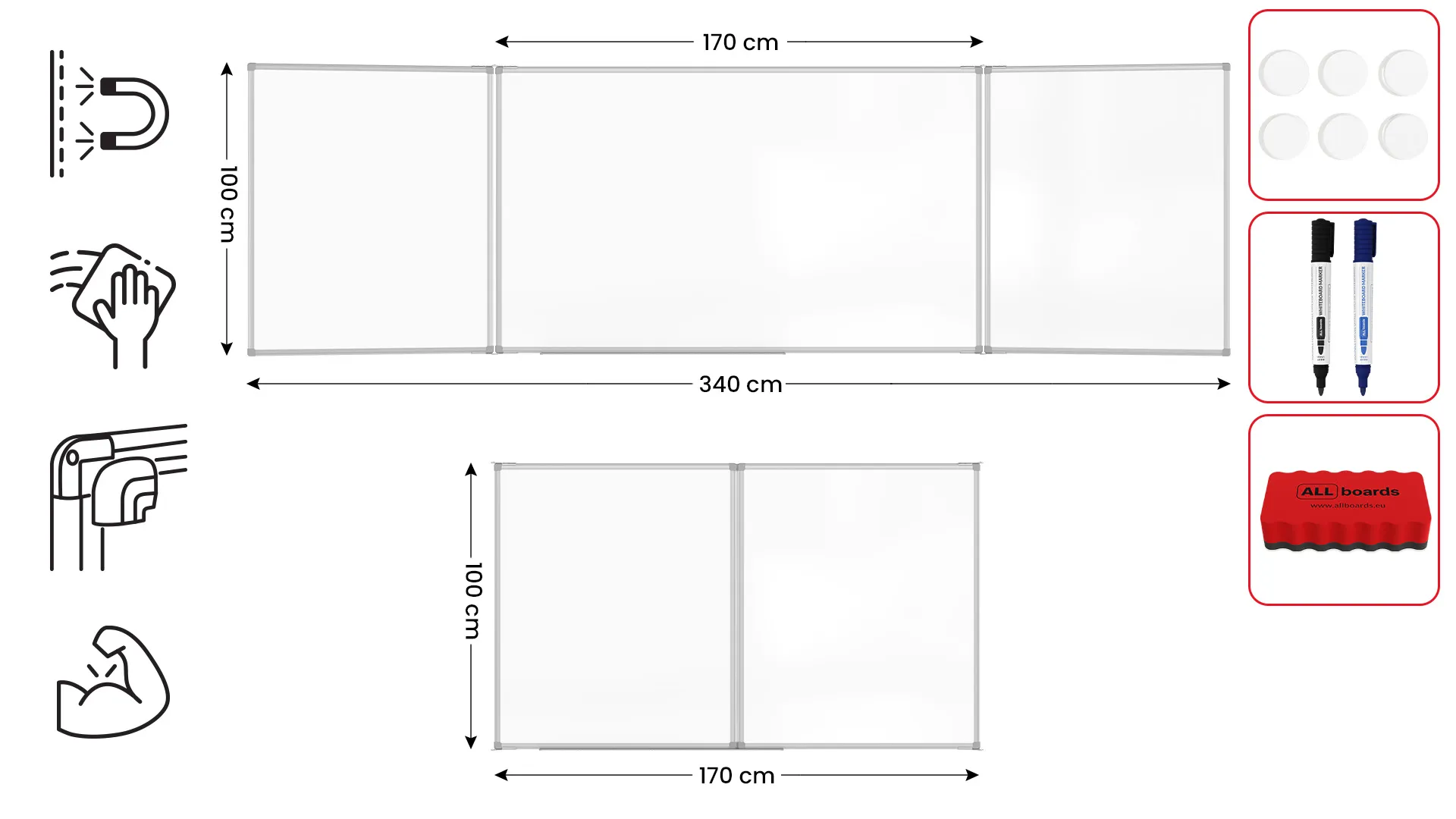 Tableau Blanc Scolaire Type Triptyque avec Cadre en Aluminium 170x100cm//340cm – Image 2