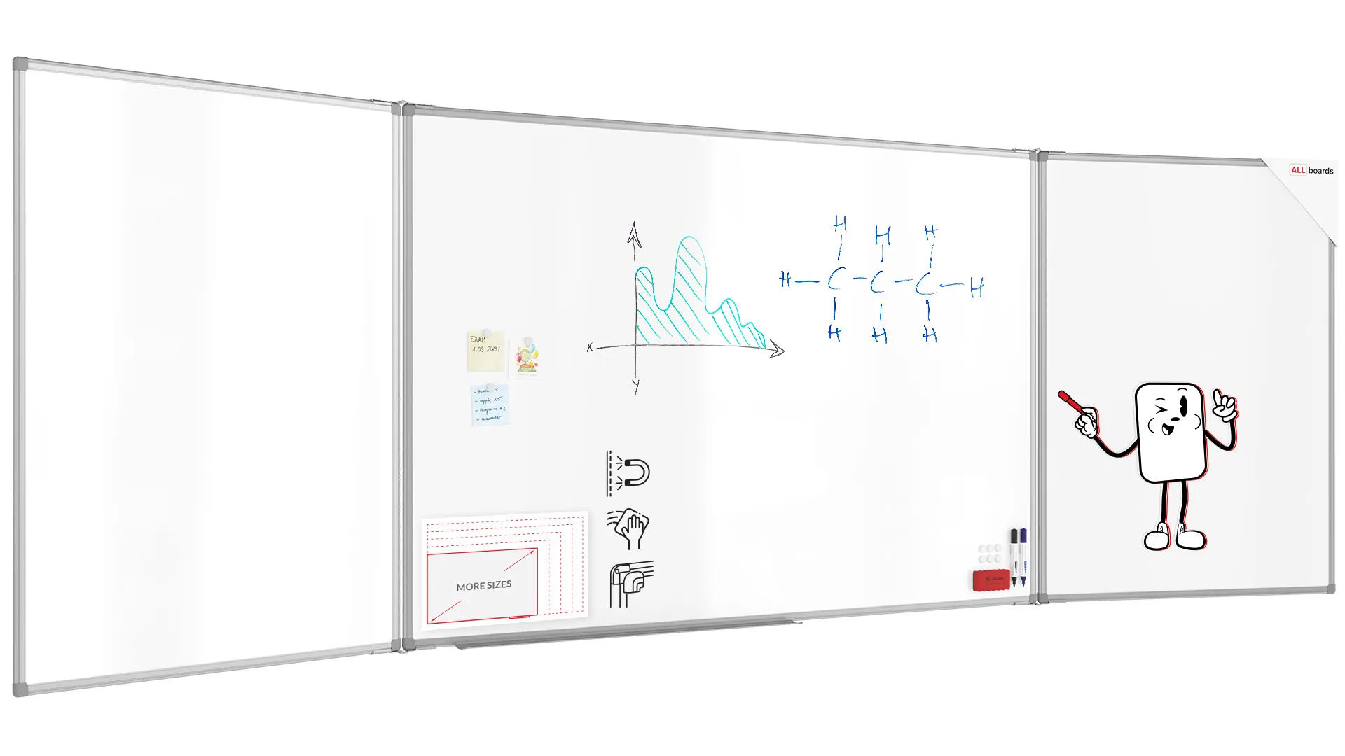 Tableau Blanc Scolaire Type Triptyque avec Cadre en Aluminium 120x180//360 cm
