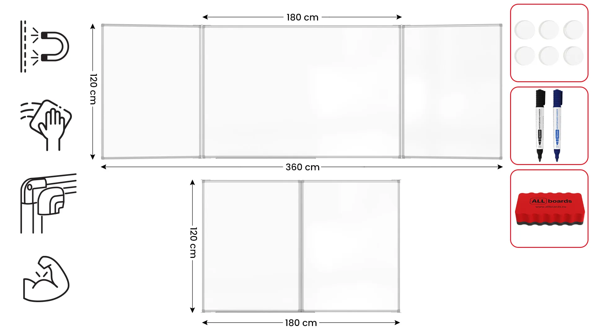 Tableau Blanc Scolaire Type Triptyque avec Cadre en Aluminium 120x180//360 cm – Image 2