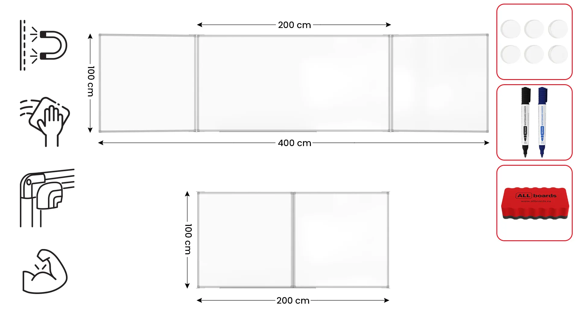 Tableau Blanc Scolaire Type Triptyque avec Cadre en Aluminium 200x100cm//400cm – Image 2