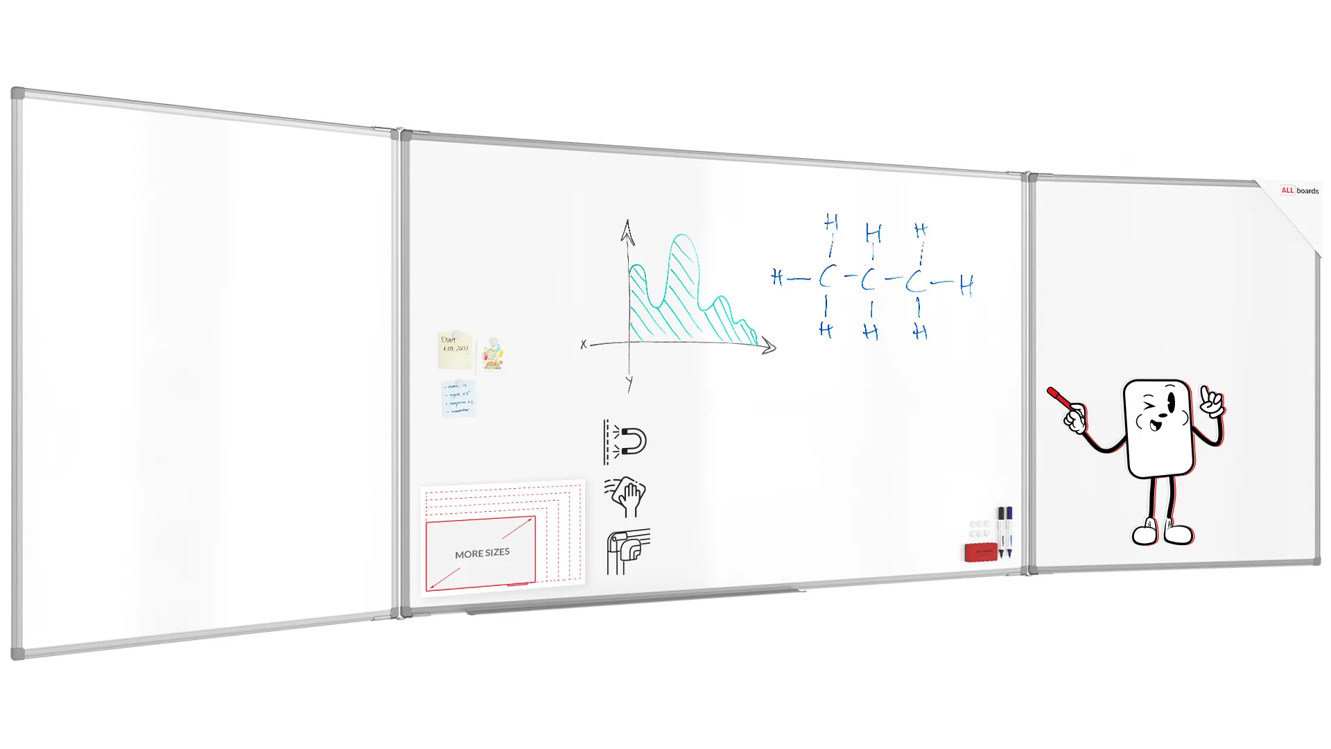 Tableau Blanc Scolaire Type Triptyque avec Cadre en Aluminium 120x200//400 cm
