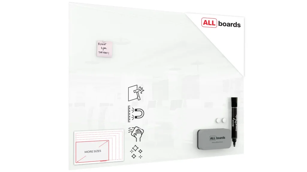 Tableau Blanc en Verre CLASSIC WHITE 120x90cm, Tableau Magnétique sans Cadre, Verre Trempé + ACCESSOIRES