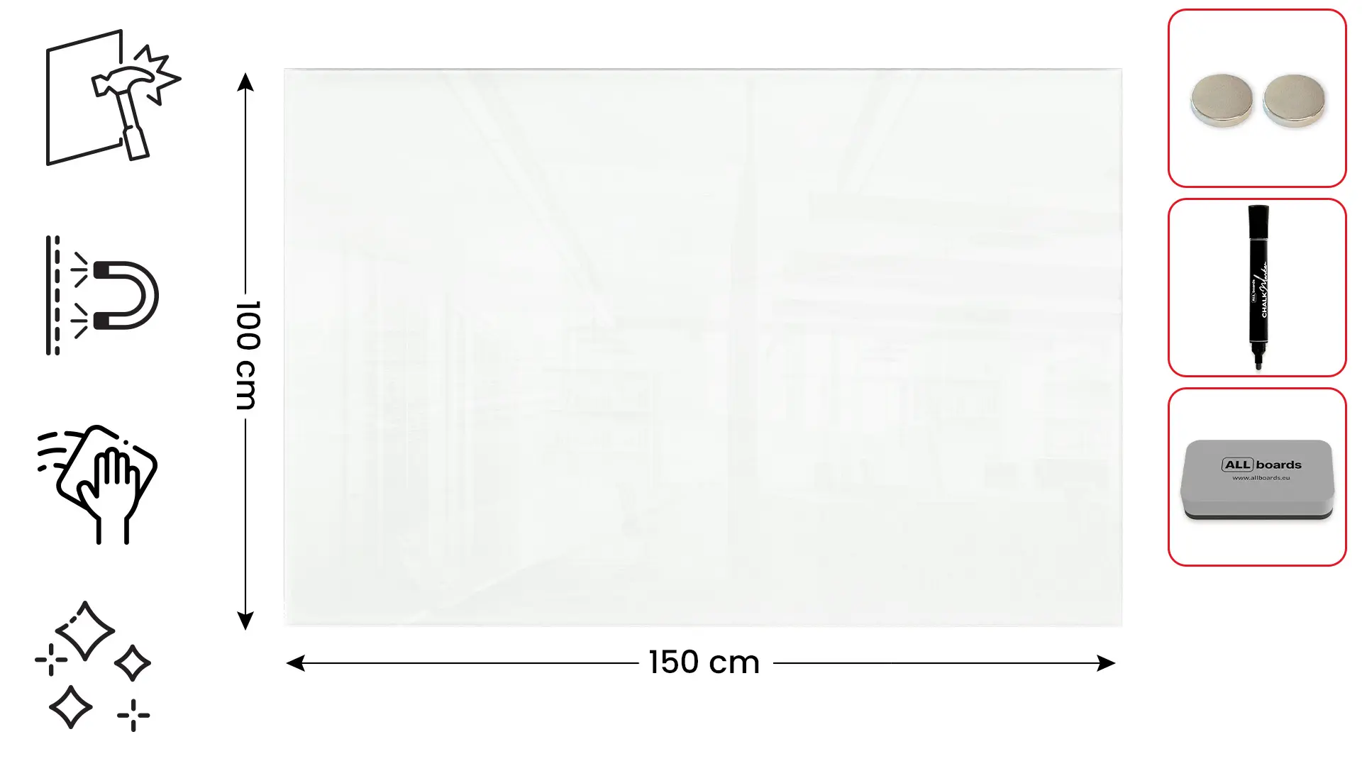 Tableau Blanc en Verre CLASSIC WHITE 150x100cm, Tableau Magnétique sans Cadre, Verre Trempé + ACCESSOIRES