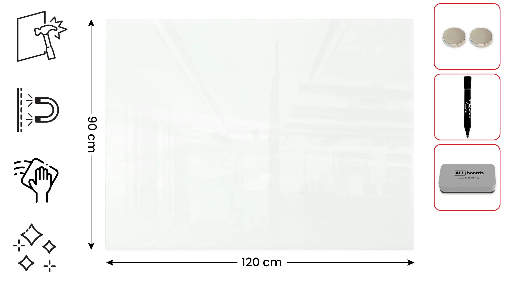 Tableau Blanc en Verre CLASSIC WHITE 120x90cm, Tableau Magnétique sans Cadre, Verre Trempé + ACCESSOIRES