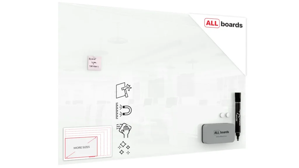 Tableau Blanc en Verre CLASSIC WHITE 150x100cm, Tableau Magnétique sans Cadre, Verre Trempé + ACCESSOIRES
