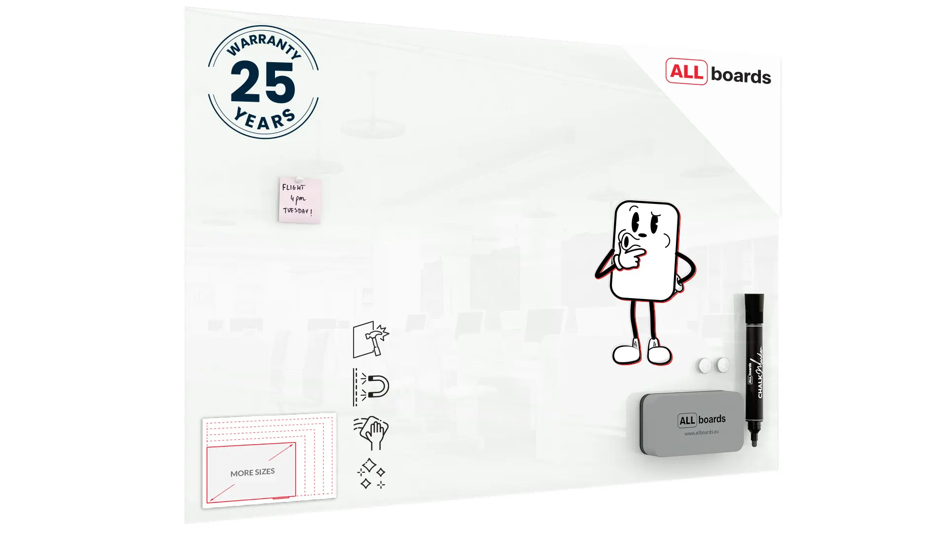 Tableau Blanc en Verre CLASSIC WHITE 150x100cm, Tableau Magnétique sans Cadre, Verre Trempé + ACCESSOIRES