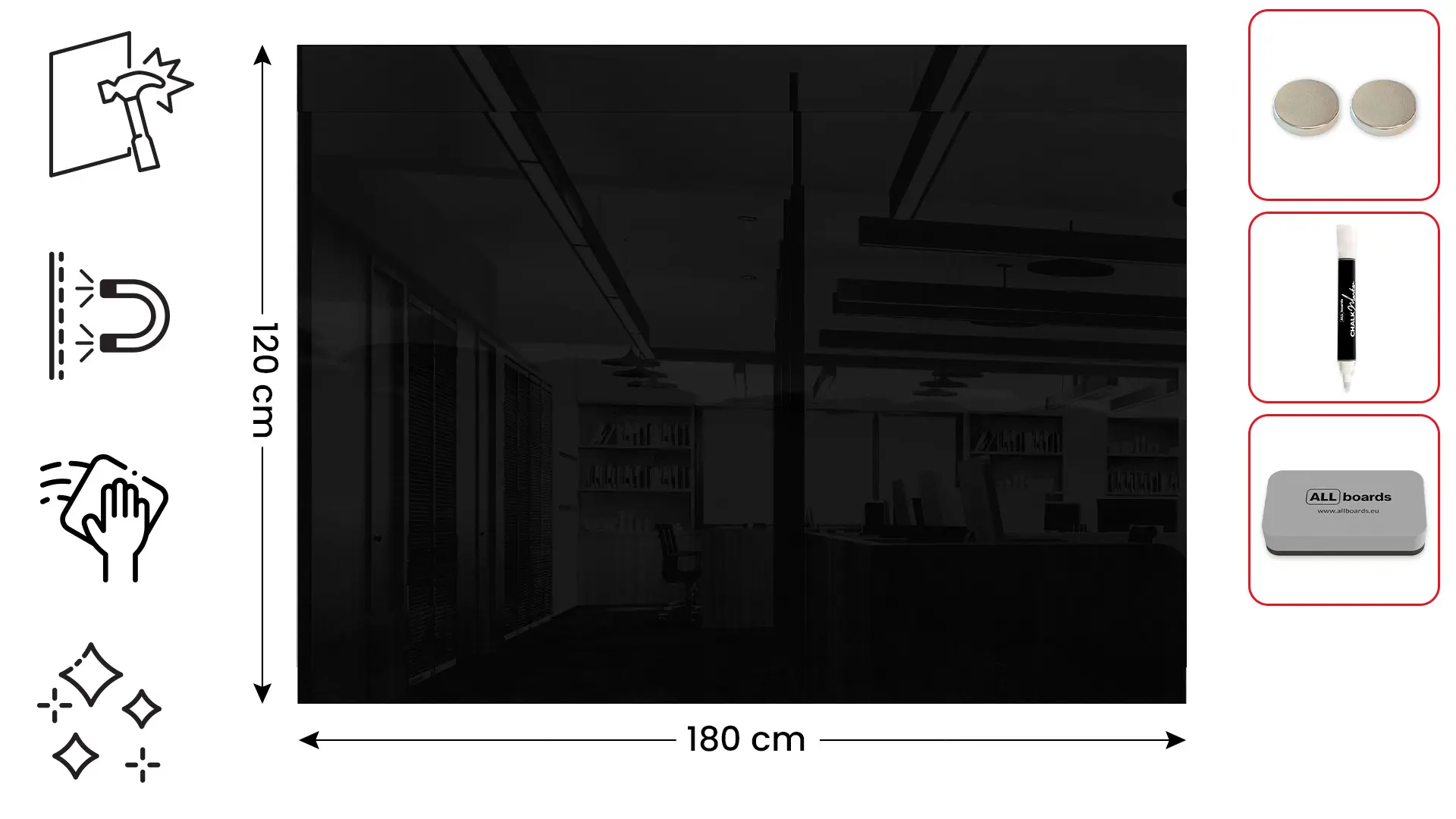 Tableau Noir en Verre 180x120cm, Tableau Magnétique sans Cadre, Verre Trempé + ACCESSOIRES – Image 2