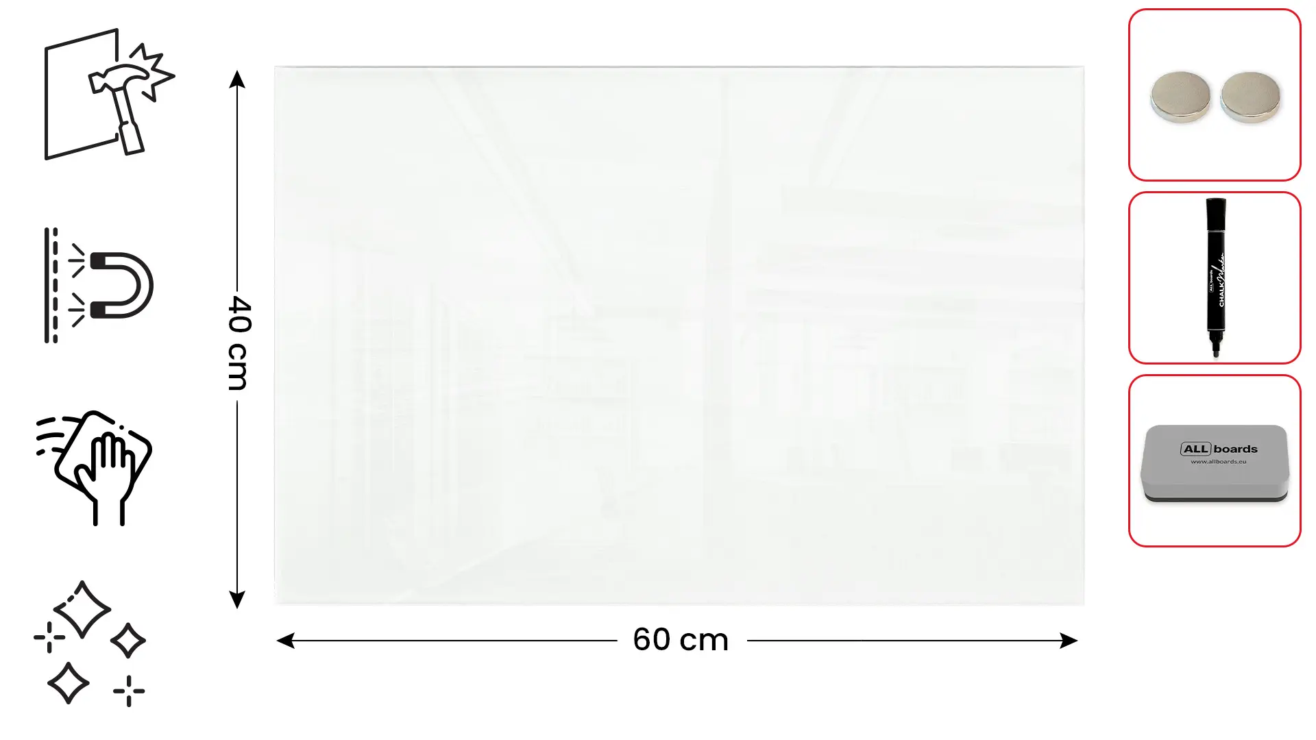 Tableau Blanc en Verre CLASSIC WHITE 60x40cm, Tableau Magnétique sans Cadre, Verre Trempé + ACCESSOIRES
