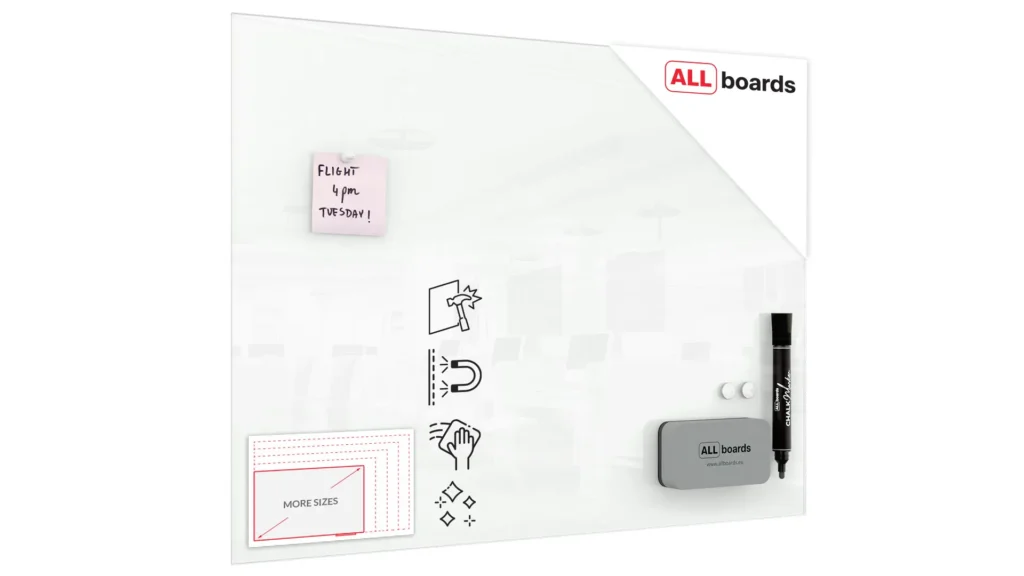 Tableau Blanc en Verre CLASSIC WHITE 80x60cm, Tableau Magnétique sans Cadre, Verre Trempé + ACCESSOIRES