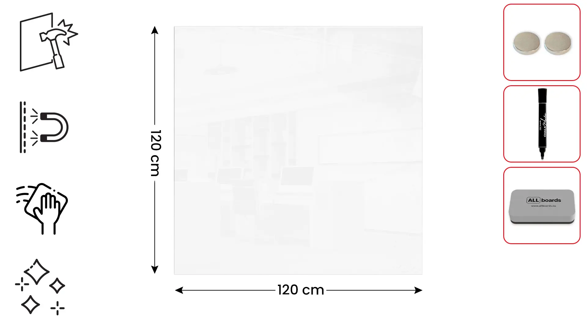 Tableau Blanc en Verre PREMIUM SUPERWHITE 120x120 cm, Tableau Magnétique sans Cadre, Verre Trempé + ACCESSOIRES